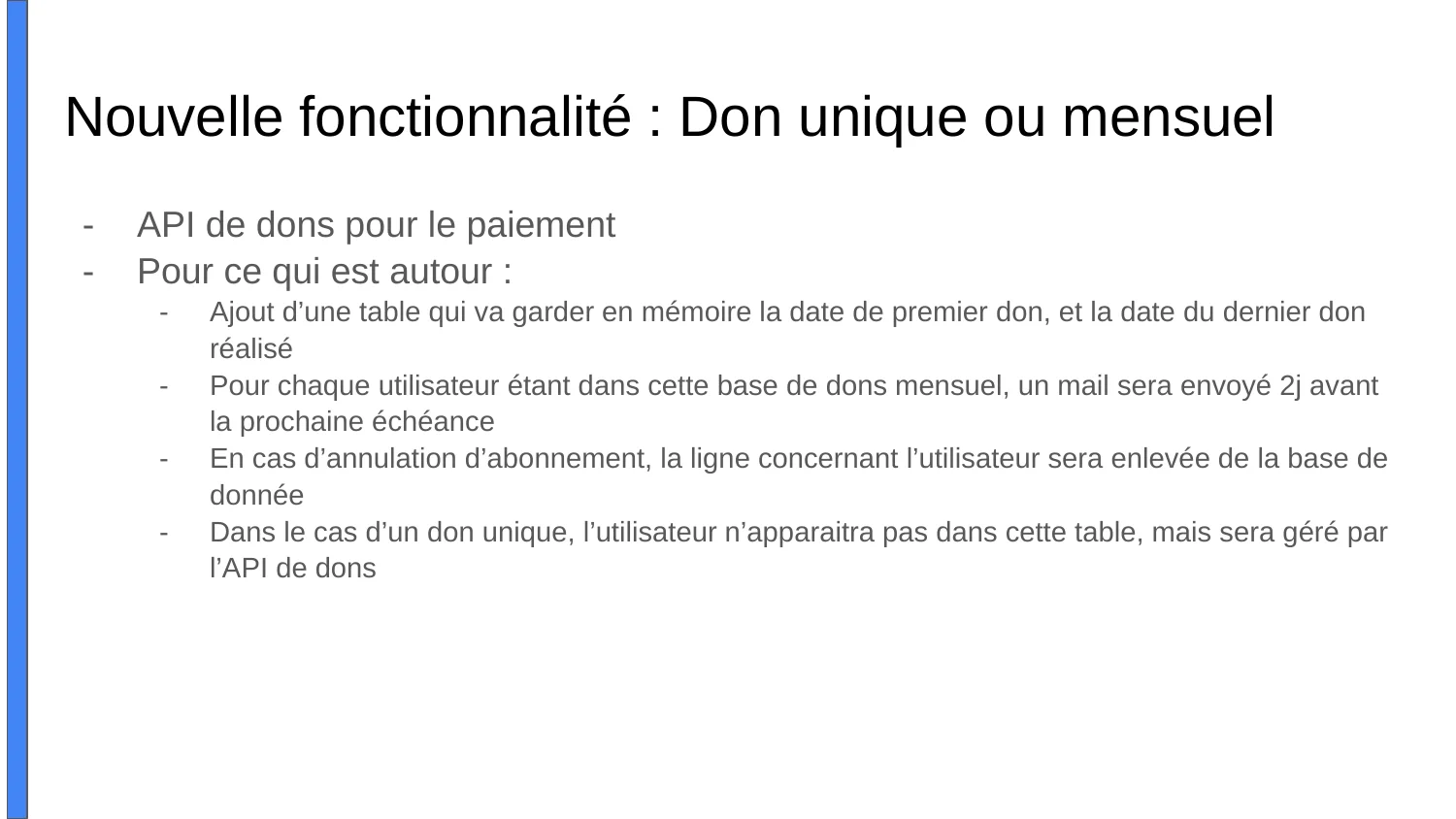 Spécification de la nouvelle fonctionnalité de don unique ou mensuel